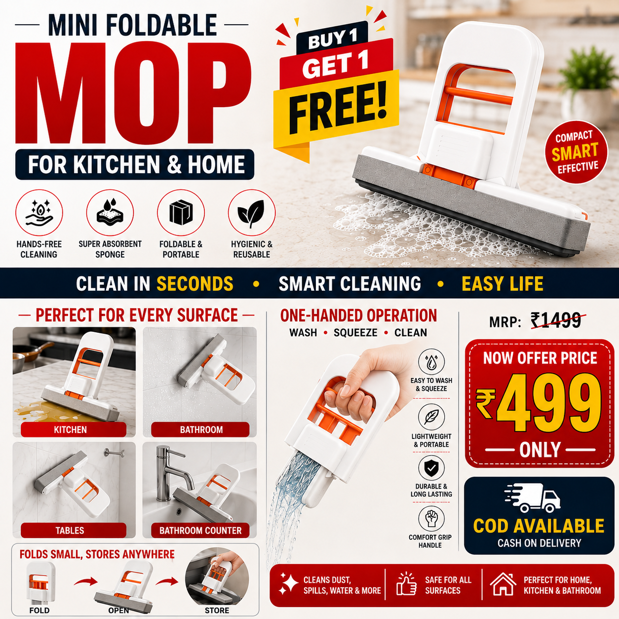 Mini Foldable Mop for Kitchen Buy 1 Get 1 Free